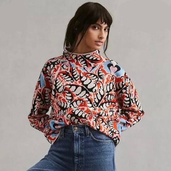 Anthropologie Sweaters - Anthropologie Maeve Carys Sweater Womens XS Orange Black Mock Neck Artsy Knit